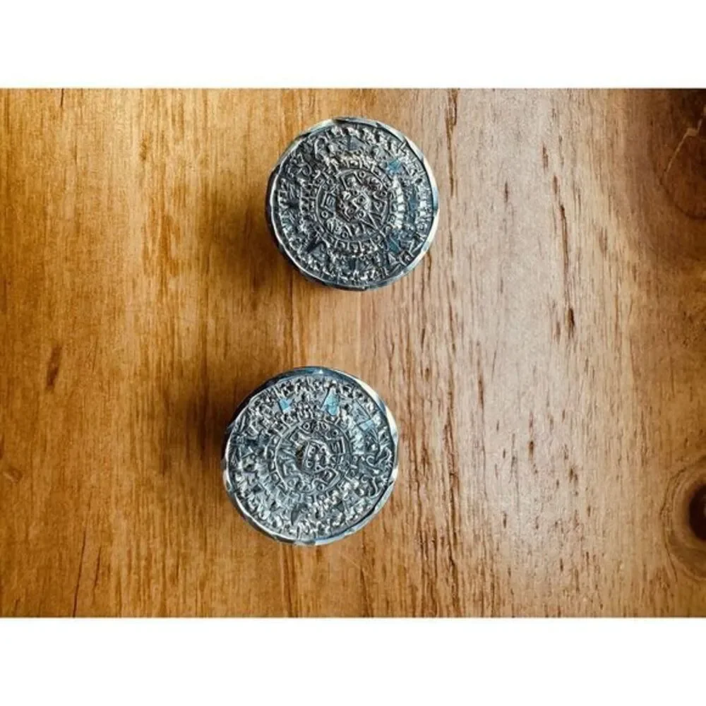 MEXICO 925‎ Sterling Silver Mayan Aztec Sun Calendar Cufflinks Vintage 10.62g